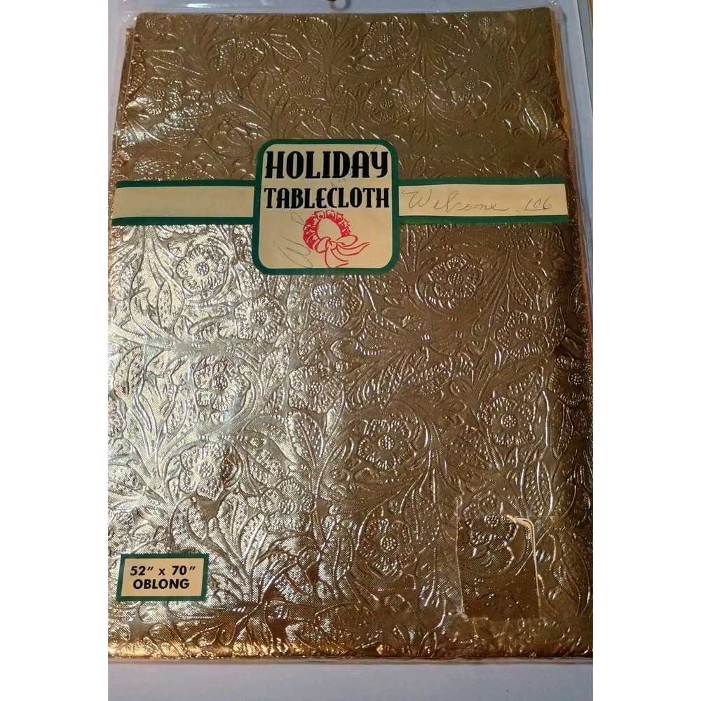 Vintage Gold 52" X 70" Oblong Christmas Holiday Washable Tablecloth Flannel
